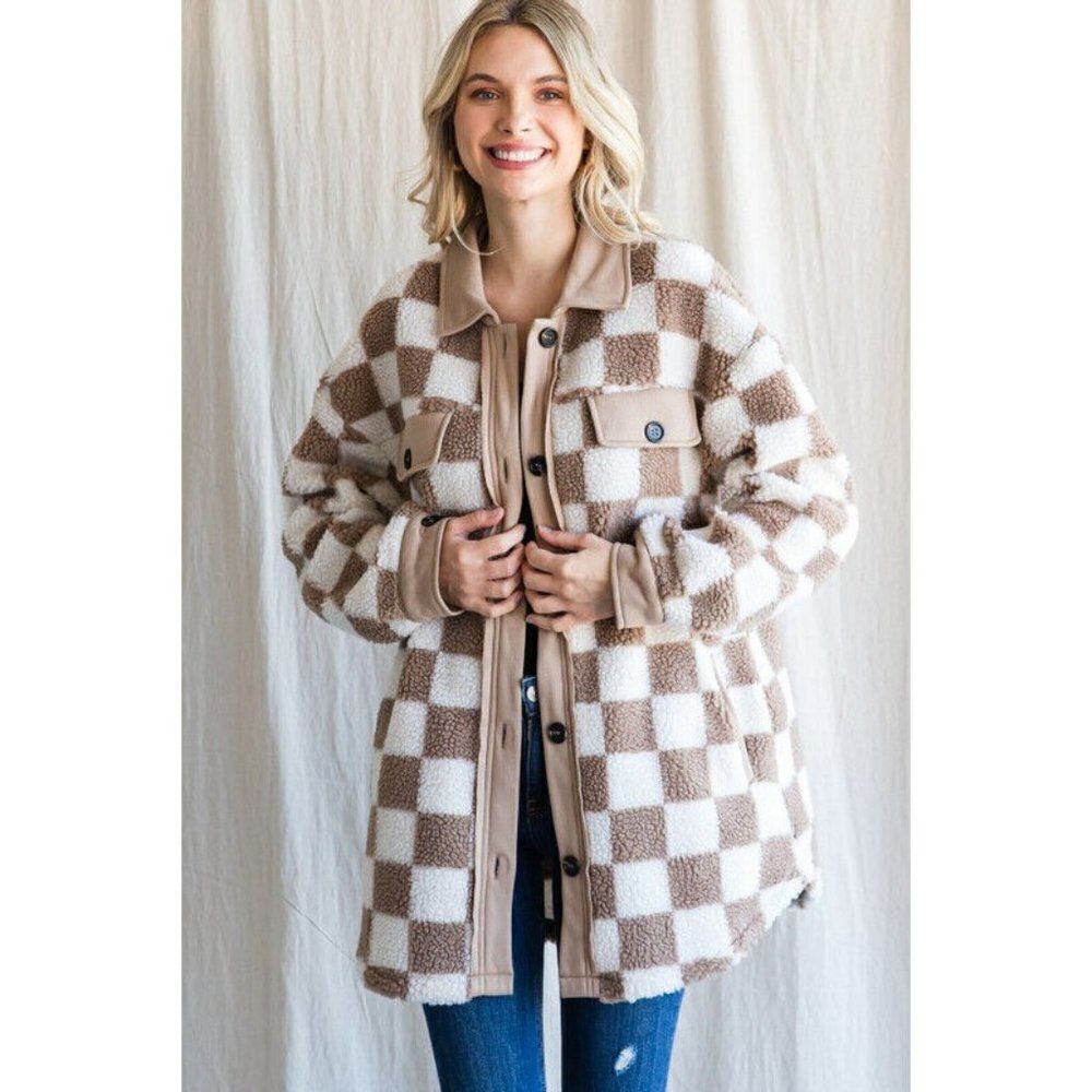 Jodifl The Stevie Checkered Fleece Shacket in Taupe Check B9108